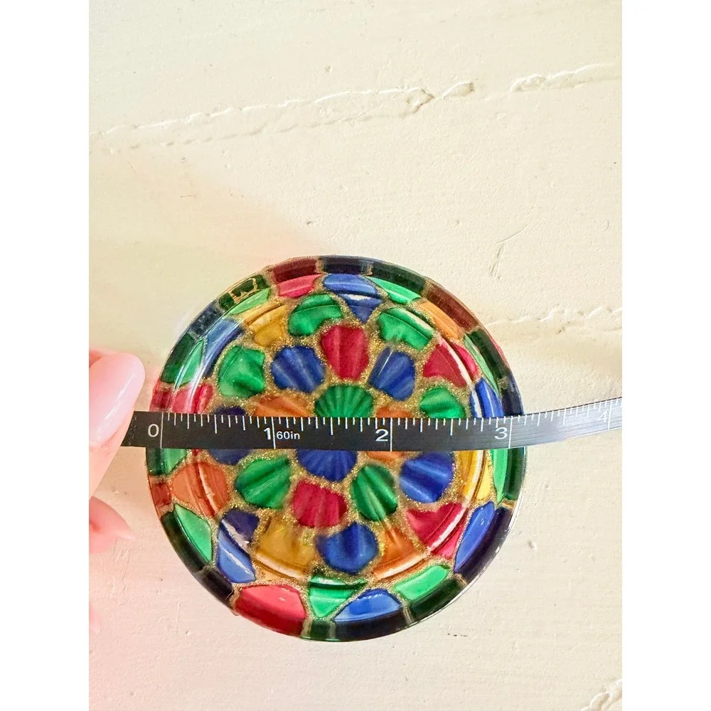 Vtg Style Hand Painted Glass Coaster Trinket Dish Set 4 Shell Mosaic Gold